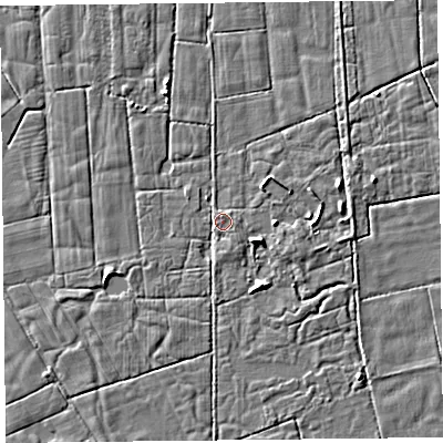 Shaded relief map of the ground around PR36DE, computed from Environment Agency LiDAR. The ground here sits at about 5 m above sea level and falls 3 m across the surrounding 800 m. Surface water reaching this point runs off ground lying to the east-south-east, 2.4 m higher.