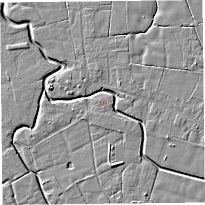 Shaded relief map of the ground around PR36DF, computed from Environment Agency LiDAR. The ground here sits at about 6 m above sea level and falls 7 m across the surrounding 800 m. The ground contributing surface water to this point lies to the west.