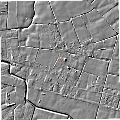 Shaded relief map of the ground around PR36DG, computed from Environment Agency LiDAR. The ground here sits at about 6 m above sea level and falls 5 m across the surrounding 800 m. The ground contributing surface water to this point lies to the north-north-west.