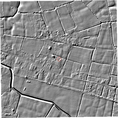 Shaded relief map of the ground around PR36DH, computed from Environment Agency LiDAR. The ground here sits at about 5 m above sea level and falls 5 m across the surrounding 800 m. Surface water reaching this point runs off ground lying to the west-north-west, 3.0 m higher.