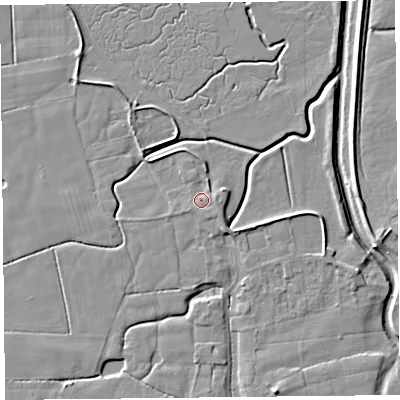 Shaded relief map of the ground around PR36HA, computed from Environment Agency LiDAR. The ground here sits at about 6 m above sea level and falls 6 m across the surrounding 800 m. Surface water reaching this point runs off ground lying to the north-north-east, 1.1 m higher.