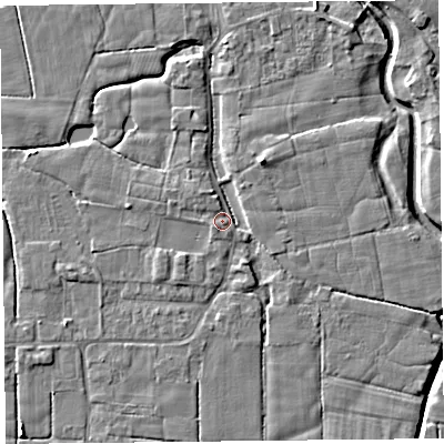 Shaded relief map of the ground around PR36HB, computed from Environment Agency LiDAR. The ground here sits at about 6 m above sea level and falls 6 m across the surrounding 800 m. Surface water reaching this point runs off ground lying to the north-west, 1.2 m higher.