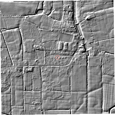 Shaded relief map of the ground around PR36HD, computed from Environment Agency LiDAR. The ground here sits at about 5 m above sea level and falls 5 m across the surrounding 800 m. Surface water reaching this point runs off ground lying to the north-east, 1.3 m higher.
