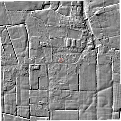 Shaded relief map of the ground around PR36HE, computed from Environment Agency LiDAR. The ground here sits at about 5 m above sea level and falls 5 m across the surrounding 800 m. Surface water reaching this point runs off ground lying to the north-east, 1.3 m higher.