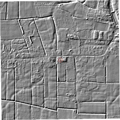 Shaded relief map of the ground around PR36HF, computed from Environment Agency LiDAR. The ground here sits at about 6 m above sea level and falls 3 m across the surrounding 800 m. Surface water reaching this point runs off ground lying to the west-north-west, 1.2 m higher.