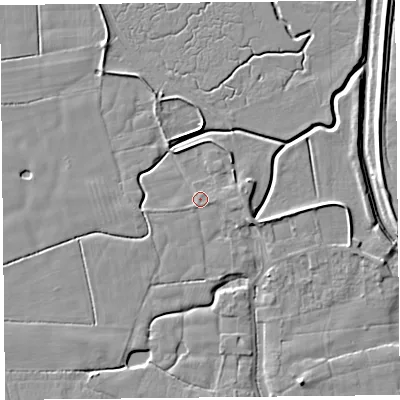 Shaded relief map of the ground around PR36HG, computed from Environment Agency LiDAR. The ground here sits at about 6 m above sea level and falls 6 m across the surrounding 800 m. Surface water reaching this point runs off ground lying to the east-north-east, 1.3 m higher.
