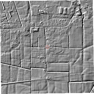 Shaded relief map of the ground around PR36HH, computed from Environment Agency LiDAR. The ground here sits at about 5 m above sea level and falls 3 m across the surrounding 800 m. Surface water reaching this point runs off ground lying to the north-north-east, 1.6 m higher.