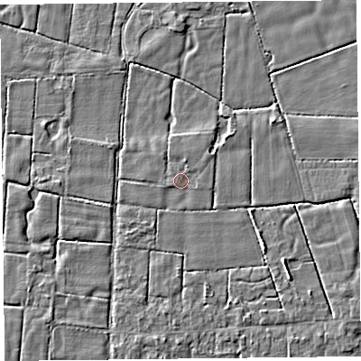 Shaded relief map of the ground around PR36HL, computed from Environment Agency LiDAR. The ground here sits at about 6 m above sea level and falls 3 m across the surrounding 800 m. Surface water reaching this point runs off ground lying to the north-east, 0.6 m higher.