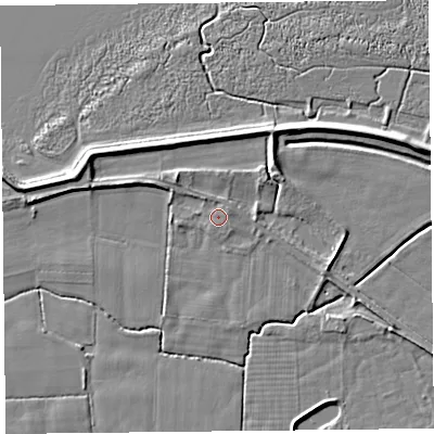 Shaded relief map of the ground around PR36HP, computed from Environment Agency LiDAR. The ground here sits at about 6 m above sea level and falls 5 m across the surrounding 800 m. Surface water reaching this point runs off ground lying to the north-west, 0.8 m higher.