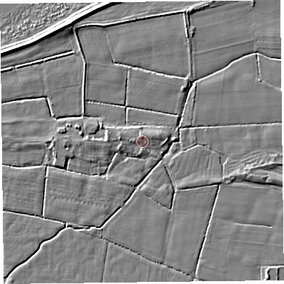 Shaded relief map of the ground around PR36HQ, computed from Environment Agency LiDAR. The ground here sits at about 6 m above sea level and falls 5 m across the surrounding 800 m. Surface water reaching this point runs off ground lying to the north, 1.3 m higher.