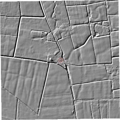 Shaded relief map of the ground around PR36HS, computed from Environment Agency LiDAR. The ground here sits at about 5 m above sea level and falls 4 m across the surrounding 800 m. Surface water reaching this point runs off ground lying to the west, 2.7 m higher.
