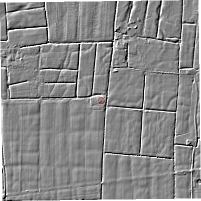 Shaded relief map of the ground around PR36HT, computed from Environment Agency LiDAR. The ground here sits at about 5 m above sea level and falls 2 m across the surrounding 800 m. Surface water reaching this point runs off ground lying to the north-north-east, 1.7 m higher.