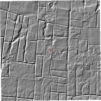 Shaded relief map of the ground around PR36HU, computed from Environment Agency LiDAR. The ground here sits at about 6 m above sea level and falls 2 m across the surrounding 800 m. The ground contributing surface water to this point lies to the south-south-west.