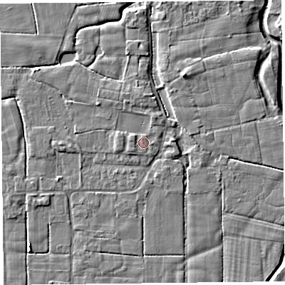 Shaded relief map of the ground around PR36HW, computed from Environment Agency LiDAR. The ground here sits at about 6 m above sea level and falls 5 m across the surrounding 800 m. Surface water reaching this point runs off ground lying to the south-west, 0.9 m higher.