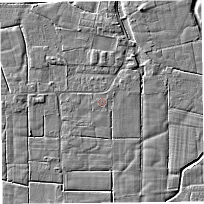 Shaded relief map of the ground around PR36HX, computed from Environment Agency LiDAR. The ground here sits at about 6 m above sea level and falls 5 m across the surrounding 800 m. The ground contributing surface water to this point lies to the west-north-west.