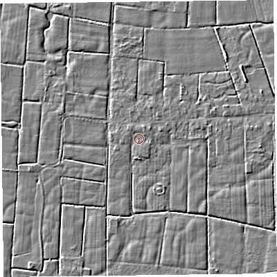 Shaded relief map of the ground around PR36HY, computed from Environment Agency LiDAR. The ground here sits at about 5 m above sea level and falls 3 m across the surrounding 800 m. Surface water reaching this point runs off ground lying to the north-north-east, 0.7 m higher.
