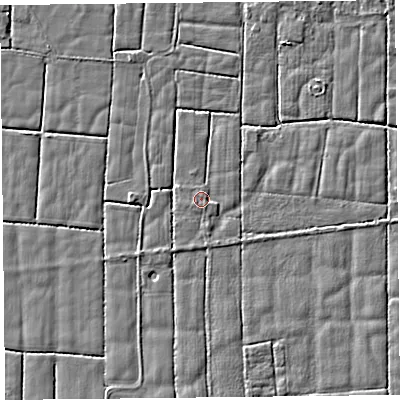 Shaded relief map of the ground around PR36SA, computed from Environment Agency LiDAR. The ground here sits at about 5 m above sea level and falls 2 m across the surrounding 800 m. Surface water reaching this point runs off ground lying to the east-south-east, 1.0 m higher.