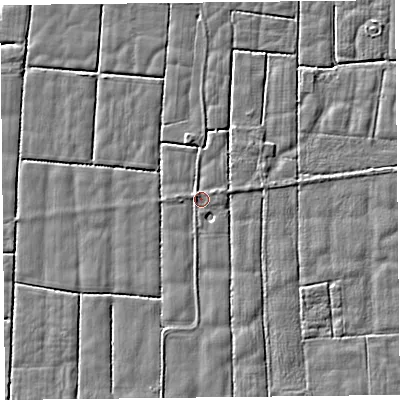 Shaded relief map of the ground around PR36SB, computed from Environment Agency LiDAR. The ground here sits at about 5 m above sea level and falls 2 m across the surrounding 800 m. Surface water reaching this point runs off ground lying to the north-north-west, 0.9 m higher.