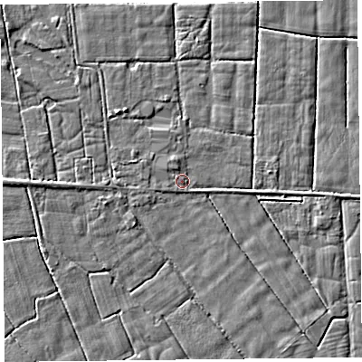 Shaded relief map of the ground around PR36SD, computed from Environment Agency LiDAR. The ground here sits at about 5 m above sea level and falls 2 m across the surrounding 800 m. Surface water reaching this point runs off ground lying to the north-north-west, 1.1 m higher.