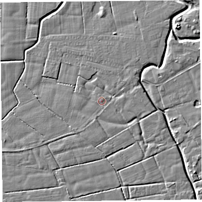 Shaded relief map of the ground around PR36SJ, computed from Environment Agency LiDAR. The ground here sits at about 6 m above sea level and falls 6 m across the surrounding 800 m. The ground contributing surface water to this point lies to the south-south-west.