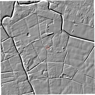 Shaded relief map of the ground around PR36SN, computed from Environment Agency LiDAR. The ground here sits at about 5 m above sea level and falls 5 m across the surrounding 800 m. Surface water reaching this point runs off ground lying to the north-north-east, 2.5 m higher.