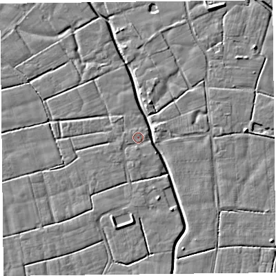 Shaded relief map of the ground around PR36SQ, computed from Environment Agency LiDAR. The ground here sits at about 5 m above sea level and falls 4 m across the surrounding 800 m. Surface water reaching this point runs off ground lying to the west-south-west, 0.7 m higher.