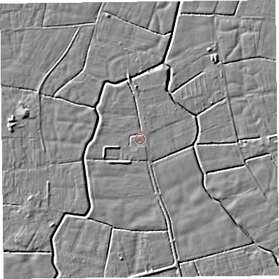 Shaded relief map of the ground around PR36SR, computed from Environment Agency LiDAR. The ground here sits at about 5 m above sea level and falls 4 m across the surrounding 800 m. Surface water reaching this point runs off ground lying to the south, 0.9 m higher.