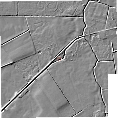 Shaded relief map of the ground around PR36SS, computed from Environment Agency LiDAR. The ground here sits at about 5 m above sea level and falls 4 m across the surrounding 800 m. Surface water reaching this point runs off ground lying to the south-west, 3.1 m higher.