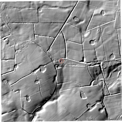 Shaded relief map of the ground around PR36TJ, computed from Environment Agency LiDAR. The ground here sits at about 8 m above sea level and falls 10 m across the surrounding 800 m. Surface water reaching this point runs off ground lying to the west-south-west, 5.7 m higher.