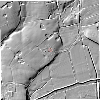 Shaded relief map of the ground around PR36TL, computed from Environment Agency LiDAR. The ground here sits at about 9 m above sea level and falls 13 m across the surrounding 800 m. Surface water reaching this point runs off ground lying to the west-south-west, 1.3 m higher.
