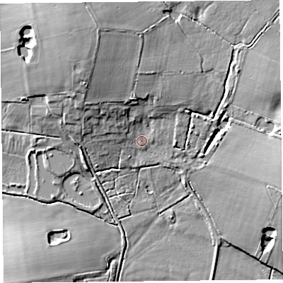Shaded relief map of the ground around PR36TP, computed from Environment Agency LiDAR. The ground here sits at about 9 m above sea level and falls 13 m across the surrounding 800 m. Surface water reaching this point runs off ground lying to the north-north-west, 9.7 m higher.