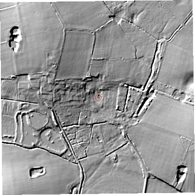Shaded relief map of the ground around PR36TQ, computed from Environment Agency LiDAR. The ground here sits at about 9 m above sea level and falls 13 m across the surrounding 800 m. Surface water reaching this point runs off ground lying to the north, 6.5 m higher.