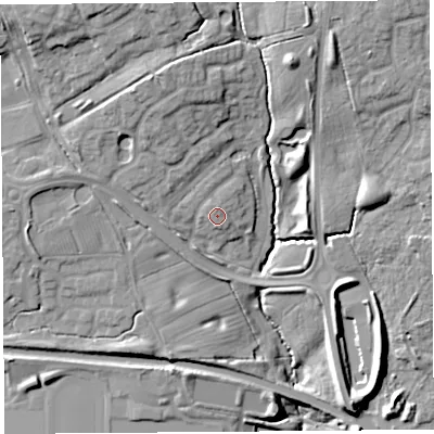 Shaded relief map of the ground around PR40AZ, computed from Environment Agency LiDAR. The ground here sits at about 25 m above sea level and falls 19 m across the surrounding 800 m. Surface water reaching this point runs off ground lying to the north-north-east, 1.2 m higher.