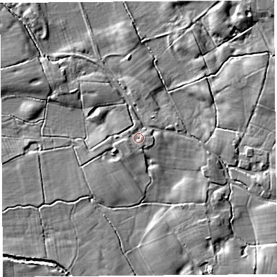 Shaded relief map of the ground around PR40BH, computed from Environment Agency LiDAR. The ground here sits at about 14 m above sea level and falls 7 m across the surrounding 800 m. Surface water reaching this point runs off ground lying to the south-west, 1.6 m higher.