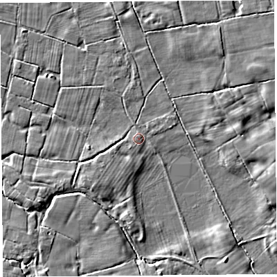 Shaded relief map of the ground around PR40BL, computed from Environment Agency LiDAR. The ground here sits at about 12 m above sea level and falls 5 m across the surrounding 800 m. Surface water reaching this point runs off ground lying to the south-east, 4.1 m higher.