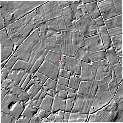 Shaded relief map of the ground around PR40BN, computed from Environment Agency LiDAR. The ground here sits at about 11 m above sea level and falls 4 m across the surrounding 800 m. Surface water reaching this point runs off ground lying to the east-north-east, 2.1 m higher.