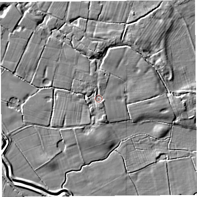 Shaded relief map of the ground around PR40BP, computed from Environment Agency LiDAR. The ground here sits at about 12 m above sea level and falls 5 m across the surrounding 800 m. Surface water reaching this point runs off ground lying to the south, 2.2 m higher.