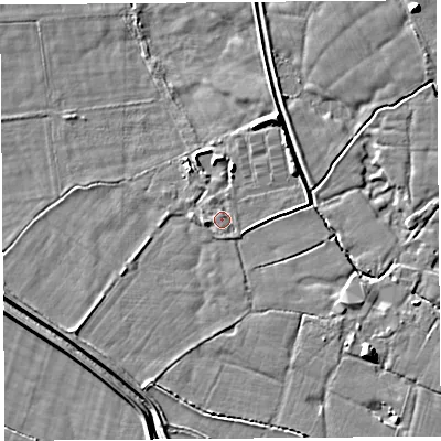 Shaded relief map of the ground around PR40BQ, computed from Environment Agency LiDAR. The ground here sits at about 10 m above sea level and falls 7 m across the surrounding 800 m. Surface water reaching this point runs off ground lying to the south-south-east, 0.8 m higher.