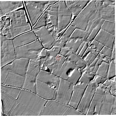 Shaded relief map of the ground around PR40DP, computed from Environment Agency LiDAR. The ground here sits at about 11 m above sea level and falls 6 m across the surrounding 800 m. Surface water reaching this point runs off ground lying to the north-east, 1.2 m higher.