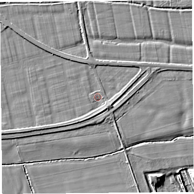 Shaded relief map of the ground around PR40FR, computed from Environment Agency LiDAR. The ground here sits at about 5 m above sea level and falls 5 m across the surrounding 800 m. Surface water reaching this point runs off ground lying to the south, 1.9 m higher.