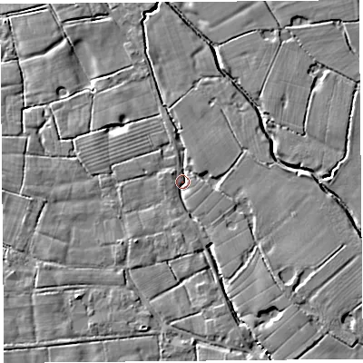 Shaded relief map of the ground around PR40HH, computed from Environment Agency LiDAR. The ground here sits at about 14 m above sea level and falls 7 m across the surrounding 800 m. Surface water reaching this point runs off ground lying to the south-east, 4.2 m higher.