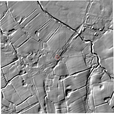 Shaded relief map of the ground around PR40HL, computed from Environment Agency LiDAR. The ground here sits at about 17 m above sea level and falls 8 m across the surrounding 800 m. Surface water reaching this point runs off ground lying to the west-south-west, 1.5 m higher.