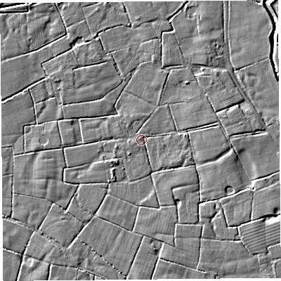 Shaded relief map of the ground around PR40HS, computed from Environment Agency LiDAR. The ground here sits at about 12 m above sea level and falls 5 m across the surrounding 800 m. Surface water reaching this point runs off ground lying to the south-south-east, 3.1 m higher.