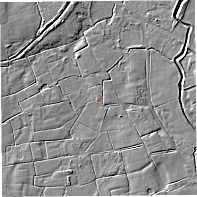 Shaded relief map of the ground around PR40HT, computed from Environment Agency LiDAR. The ground here sits at about 11 m above sea level and falls 5 m across the surrounding 800 m. Surface water reaching this point runs off ground lying to the east-north-east, 1.0 m higher.
