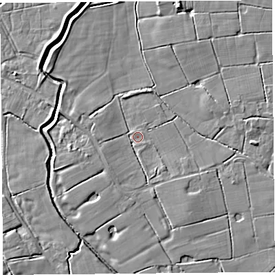 Shaded relief map of the ground around PR40SZ, computed from Environment Agency LiDAR. The ground here sits at about 12 m above sea level and falls 5 m across the surrounding 800 m. Surface water reaching this point runs off ground lying to the south-east, 3.1 m higher.