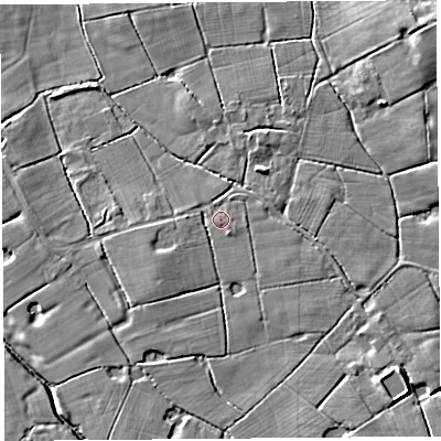 Shaded relief map of the ground around PR40TD, computed from Environment Agency LiDAR. The ground here sits at about 13 m above sea level and falls 7 m across the surrounding 800 m. Surface water reaching this point runs off ground lying to the south-south-east, 0.7 m higher.
