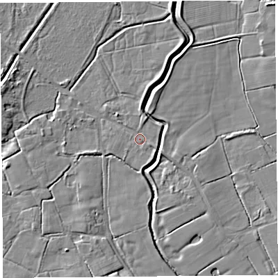 Shaded relief map of the ground around PR40TE, computed from Environment Agency LiDAR. The ground here sits at about 11 m above sea level and falls 5 m across the surrounding 800 m. Surface water reaching this point runs off ground lying to the south-south-east, 1.5 m higher.