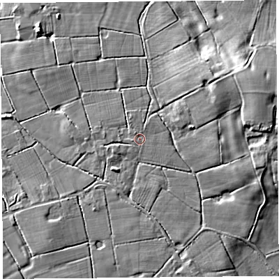 Shaded relief map of the ground around PR40TH, computed from Environment Agency LiDAR. The ground here sits at about 13 m above sea level and falls 8 m across the surrounding 800 m. The ground contributing surface water to this point lies to the north-north-east.