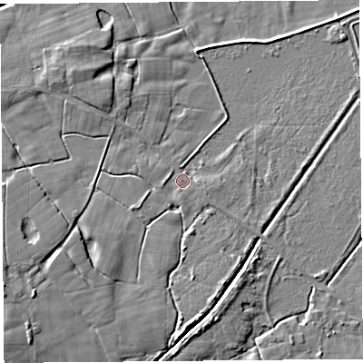 Shaded relief map of the ground around PR40TJ, computed from Environment Agency LiDAR. The ground here sits at about 11 m above sea level and falls 8 m across the surrounding 800 m. Surface water reaching this point runs off ground lying to the south-west, 5.9 m higher.