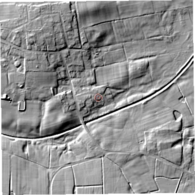 Shaded relief map of the ground around PR40TQ, computed from Environment Agency LiDAR. The ground here sits at about 12 m above sea level and falls 12 m across the surrounding 800 m. Surface water reaching this point runs off ground lying to the west, 2.3 m higher.